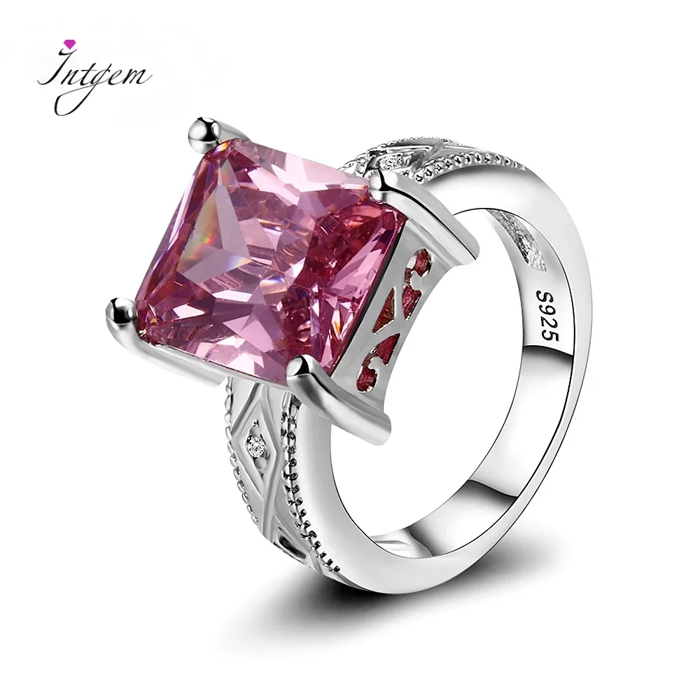 Top Trends: 925 Silver Jewelry Cubic Zirconia Rectangle Pink Cushion Stone Rings Geometric Ring For Women Bridesmaid Wedding Party Gift Ring Shoppable Styles