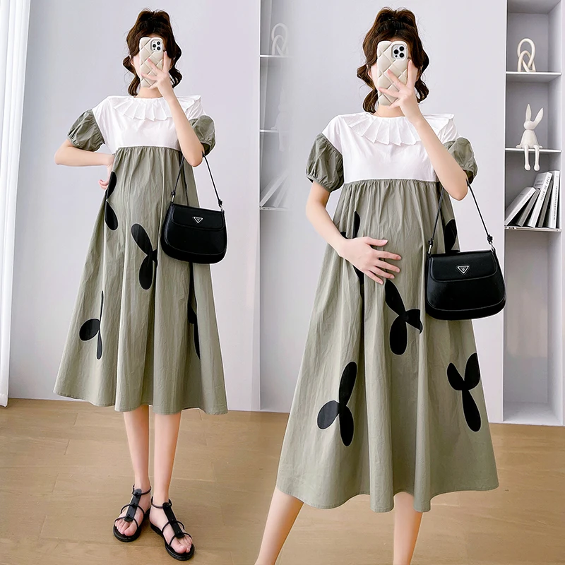 Top Trends: Fashion Block Color Patchwork Pleated Peter Pan Collar Maternity A-Line Dress Puff Sleeve High Waist Pregnant Woman Female Dress Shoppable Styles - Image 2