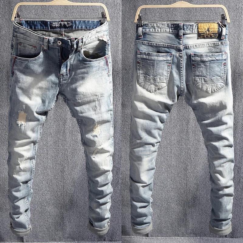 Top Trends: Street Fashion Designer Men Jeans Retro Light Blue Stretch Slim Fit Ripped Jeans Men Patched Vintage Casual Denim Pants Hombre Shoppable Styles