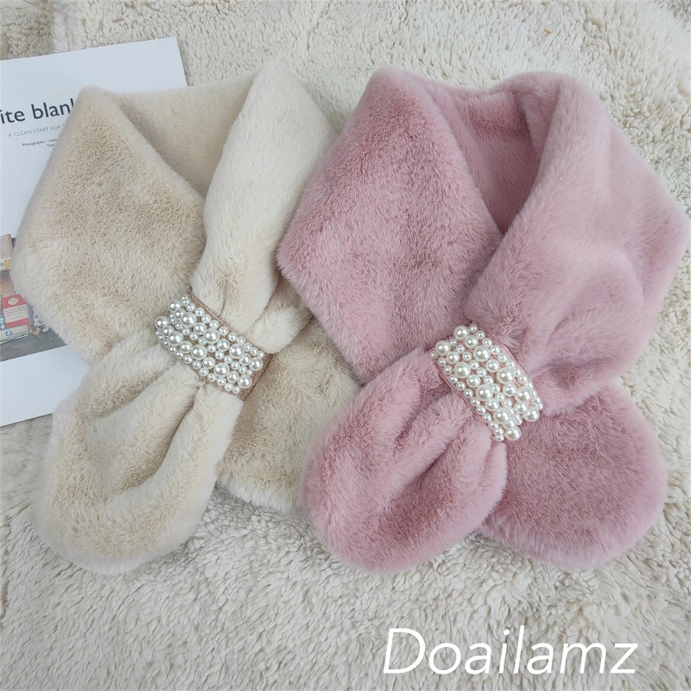 Top Trends: Pearl Scarf Winter New Style Thickened Korean Version Of Cross-warmingwool Wool Rabbit-like Neck Collar DZ1 Shoppable Styles - Image 6