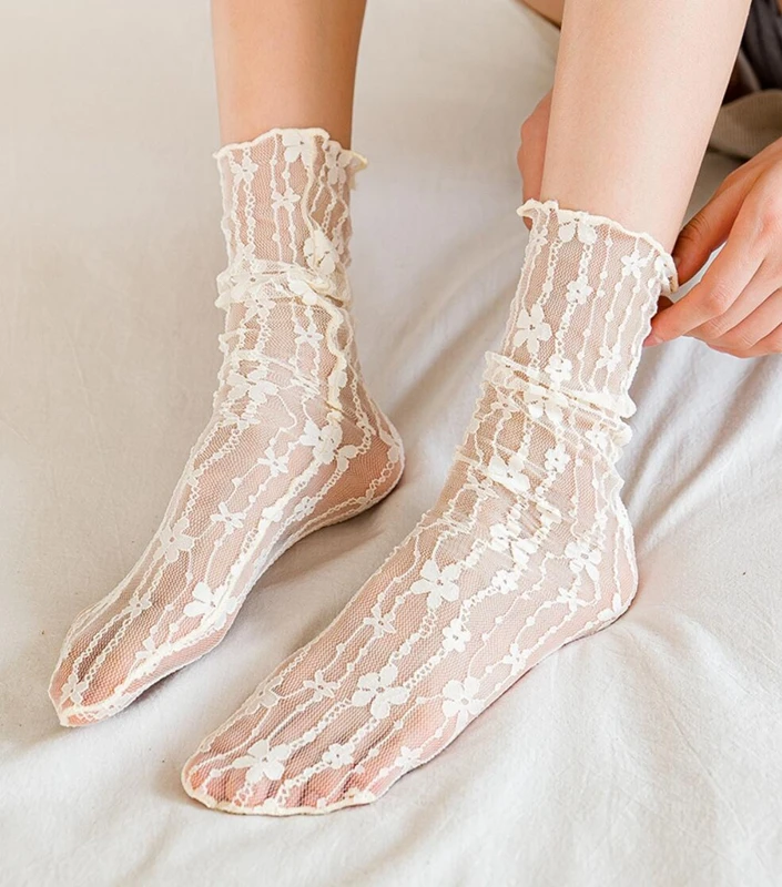 Top Trends: Women Sexy Lace Flower Fashion Ultra-thin Transparent Summer Japan Style Hollow Mesh Crew Socks Harajuku Retro Long Kawaii Socks Shoppable Styles