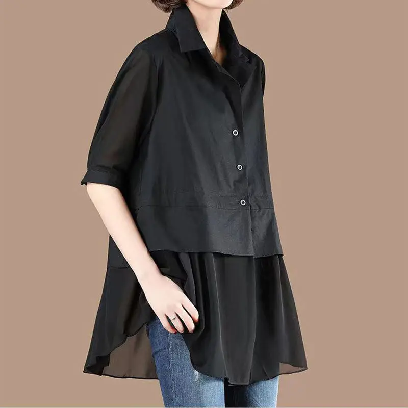 Top Trends: Fashion Solid Color Loose Spliced Shirt Summer Fake Two Pieces Female Commute Korean Casual Polo-Neck Blouse Women's Clothing Shoppable Styles - Image 3