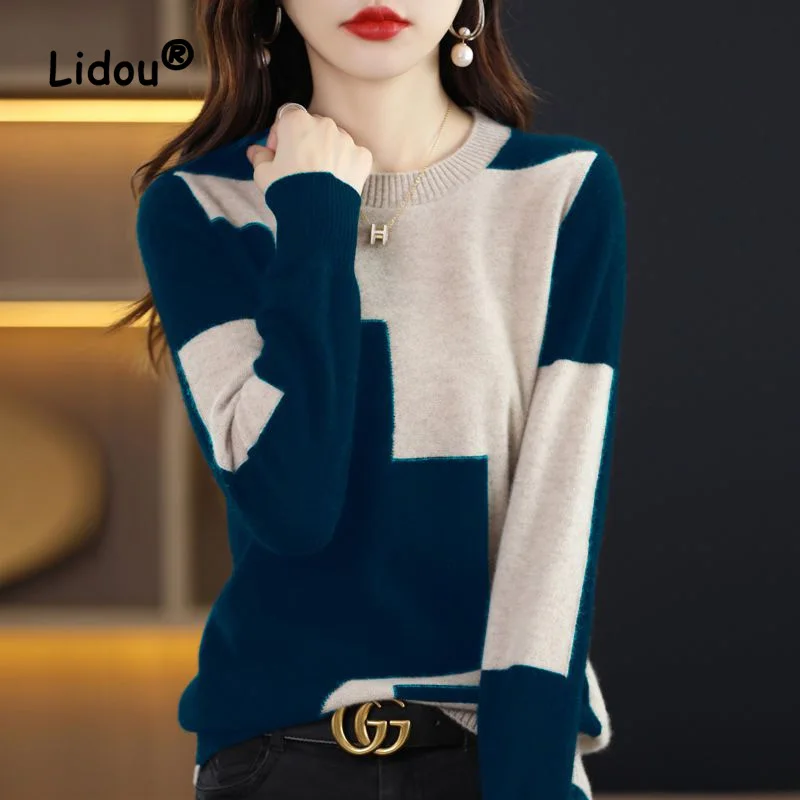 Top Trends: 2022 New Color Blocking Korean Sweaters Women Classic Long Sleeve O-collar Loose Temperament All-match Knitting Pullover Top Shoppable Styles