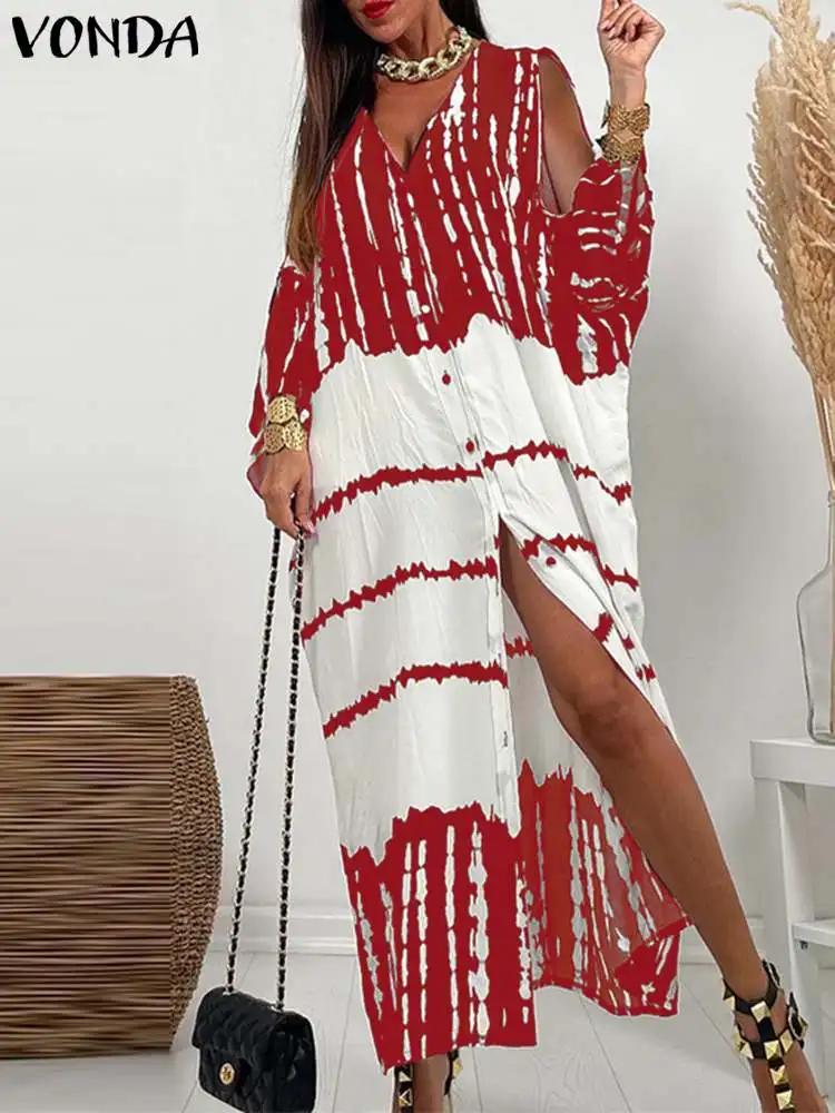 Top Trends: Women Maxi Dress 2023 Sexy Deep V-neck Off Shoulder Printed Sundress Sexy Loose Party Shirt Dress VONDA Bohemian Vestidos Baggy Shoppable Styles