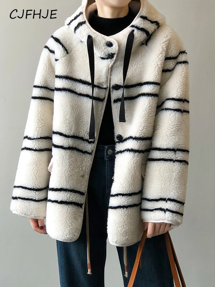 Top Trends: CJFHJE Hooded Teddy Lamb Wool Jackets Women New Winter Warm Korean Fashion Striped Furry Coat Ladies Pocket Plush Overcoat Shoppable Styles