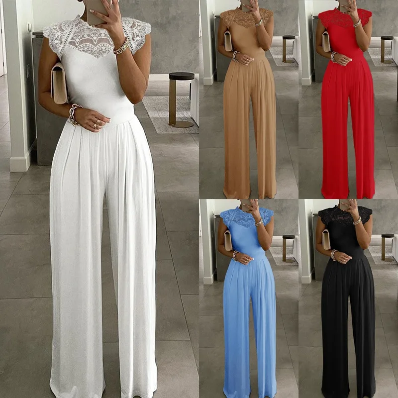 Top Trends: White Jumpsuit Women Spring 2023 Fashion Office Lady Jumpsuit Lace Collar Crew Neck Solid Color Jumpsuits Shoppable Styles