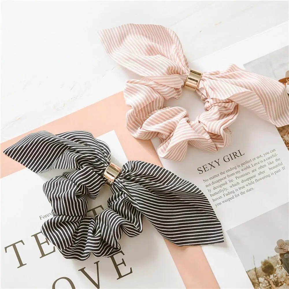 Top Trends: Korea Cute Rabbit Ear Striped Metal Buckle Hair Scrunchies Elastic Hair Bands Ties Rope Bands Ponytail Bands Hair Accessories Shoppable Styles