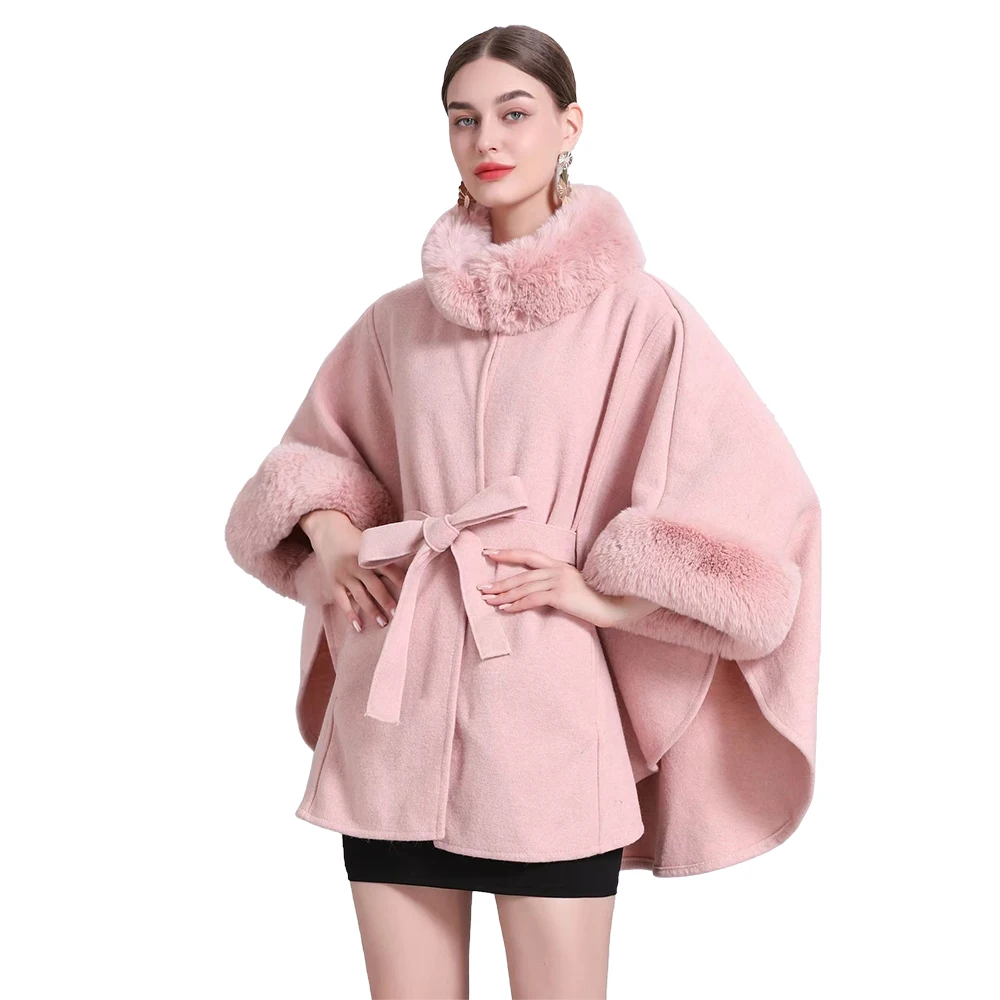 Top Trends: Women&#039;s Rex Rabbit Faux Fur Shawl With Belt Lady Elegant Woolen Coat Luxury Warm Overcoat Autumn Winter Solid Color Cloak Wrap Shoppable Styles