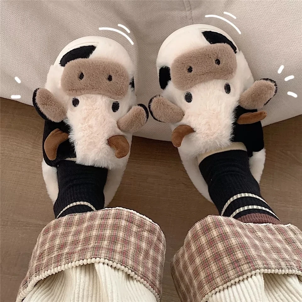 Top Trends: Comwarm Cute Animal Furry Slipper For Women Girls Fashion Fluffy Winter Warm Slippers Woman Cartoon Milk Cow Home Cotton Shoes Shoppable Styles