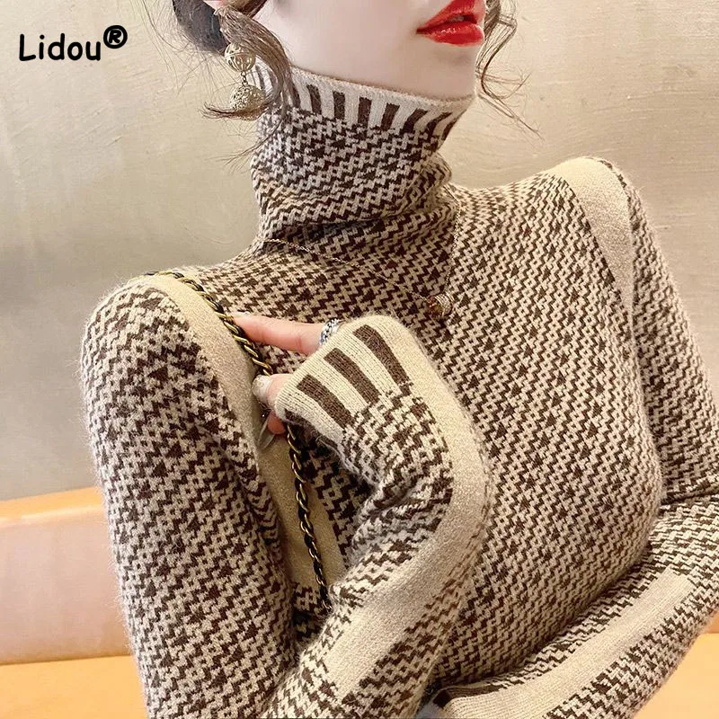 Top Trends: Autumn Winter Slim Fashion Turtleneck Printed Tops For Female All-match Vintage Long Sleeve Pullovers T-shirt Women's Clothing Shoppable Styles