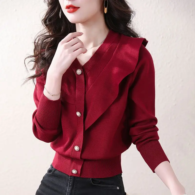 Top Trends: Fashion Ruffles Knitted Blouse Asymmetrical Elegant V-Neck Spring Autumn Basic Single-breasted Female Clothing Solid Color Shirt Shoppable Styles