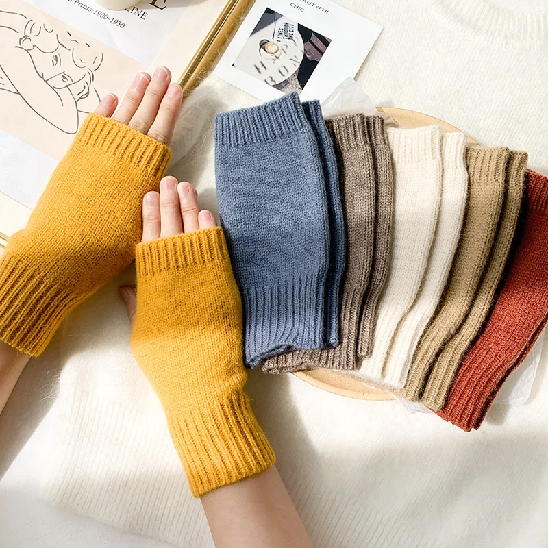 Top Trends: INS Korean Winter Warm Fingerless Knitted Gloves Women Solid Color Stretch Mittens Exposed Finger Gloves Arm Warmers Guantes Shoppable Styles