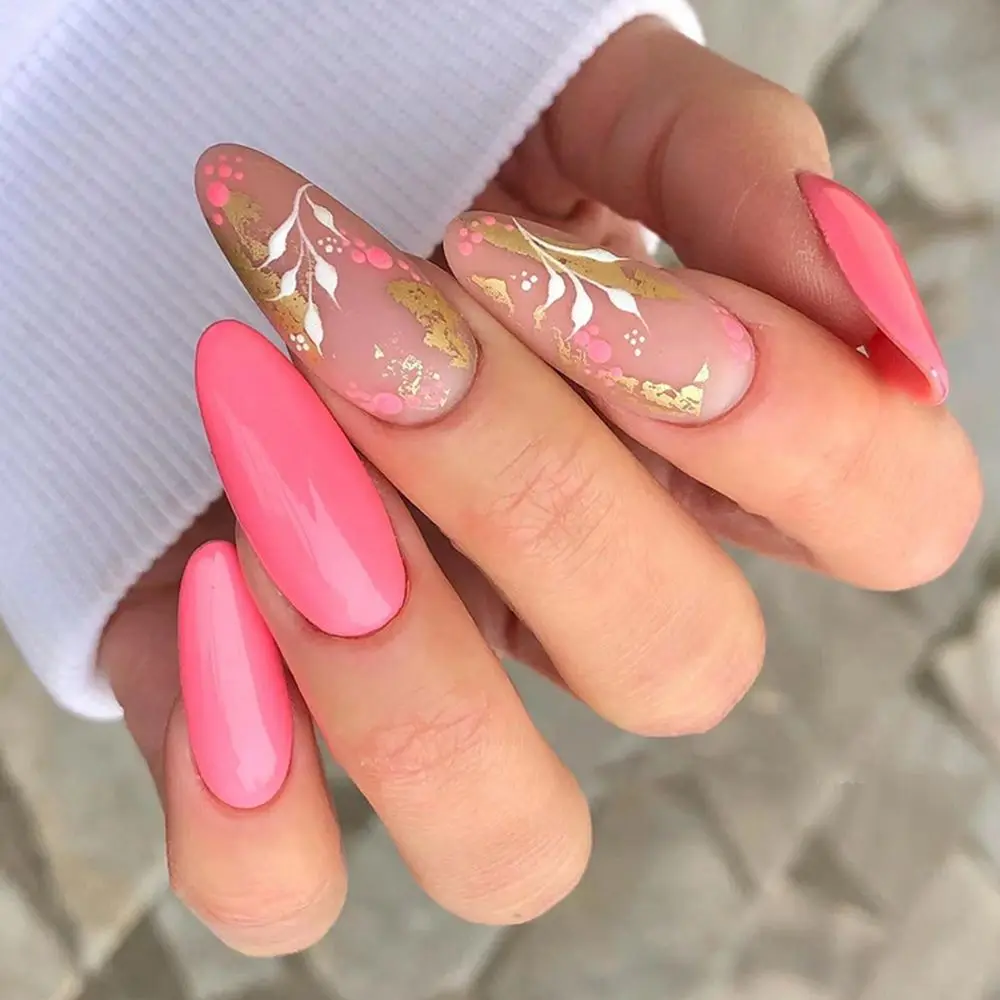 Top Trends: 24Pcs / Set Fake Nails With Glue Full Cover Nail Tips Press On Med Nails DIY Manicure Oval Head False Nails Pink Almond Artificial Shoppable Styles - Image 2