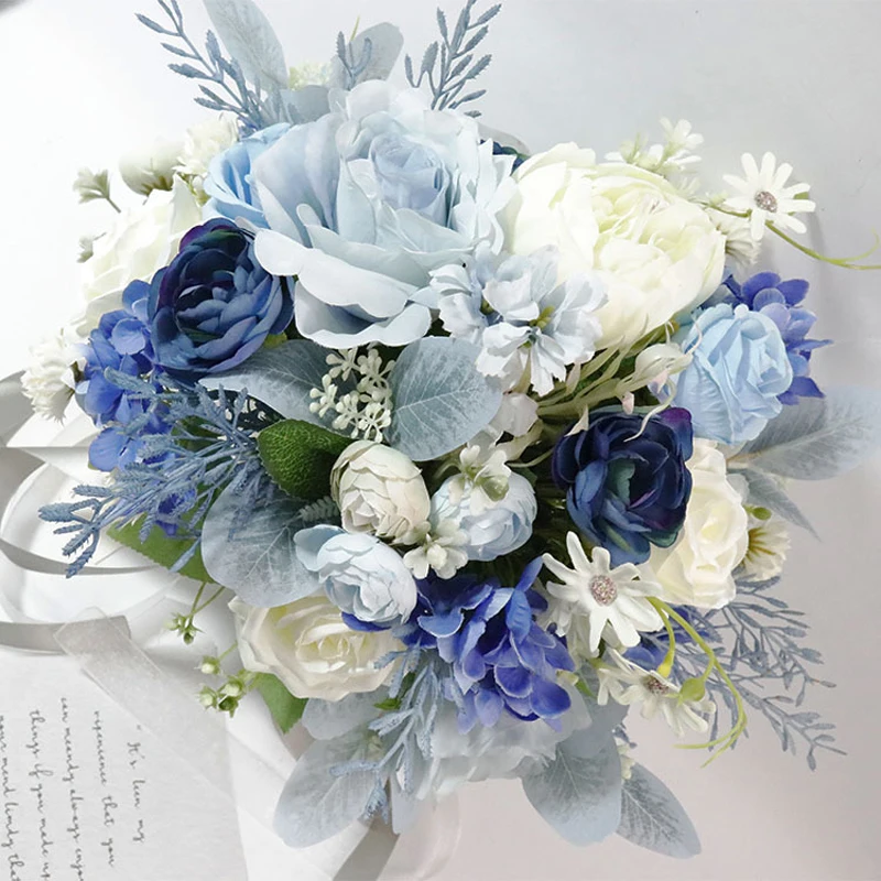 Top Trends: Artifical Beautiful Penoy Flowers Bride Wedding Bouquet With Sash Home Decoration Silk Blue Wedding Accessories Shoppable Styles