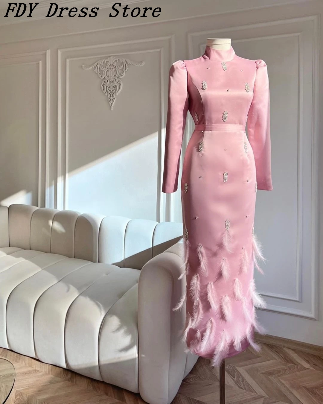 Top Trends: Pink Satin High Neck Beaded Feathers Prom Dresses Ankle Length Formal Occasion Dress Saudi Arabia Women's Party Dresses Shoppable Styles