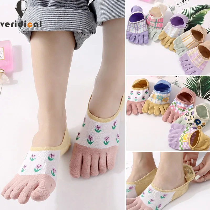 Top Trends: 10 Pairs Woman Invisible Toe Socks Summer Cotton Flowers Grid Shallow Mouth No Show 5 Finger Socks Beautiful Harajuku Socks Shoppable Styles