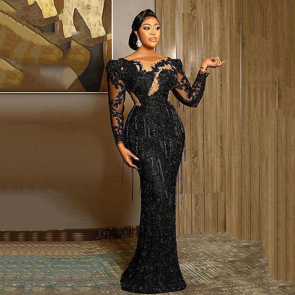 Top Trends: Evening Dresses Black Luxurious Mermaid Prom Dress Lace Beaded Tassel Sheer Neck Formal Party Reception Gowns Robe De Mariee Shoppable Styles