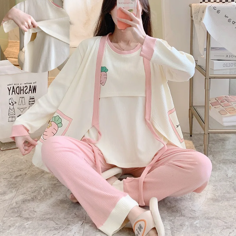 Top Trends: 3pcs / set Maternity Pajamas Suits For Nursing Fashion Print Lactation Tops+ Long Sleeve Coats+ Long Trousers Pregnancy Clothes Set Shoppable Styles