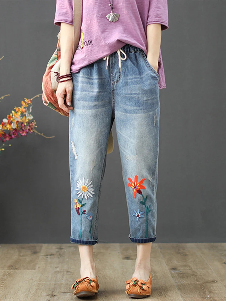 Top Trends: Max LuLu 2023 New Fashion Summer Ladies Elastic Jeans Women Casual Floral Embroidery Denim Trousers Female Oversized Harem Pants Shoppable Styles - Image 5