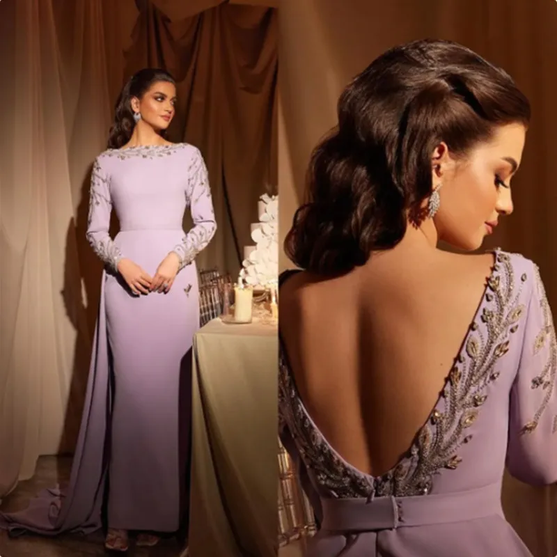 Top Trends: Aleeshuo Elegant Lilac Mermaid Prom Dressess Long Sleeves Evening Dress O-Neck Beaded Crystal Backless Arabia Formal Dress 2024 Shoppable Styles