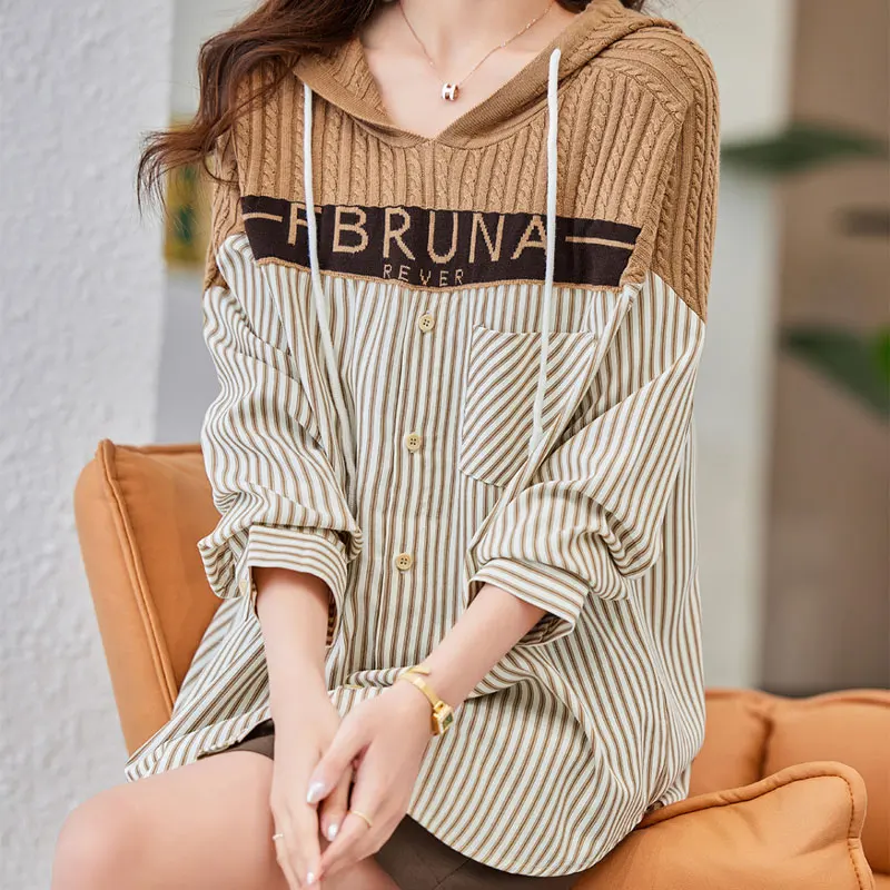 Top Trends: Korean Loose Hooded Striped Blouse Women&#039;s Clothing Letter Knitted Patchwork 2023 Spring Autumn Casual Drawstring Pockets Shirt Shoppable Styles