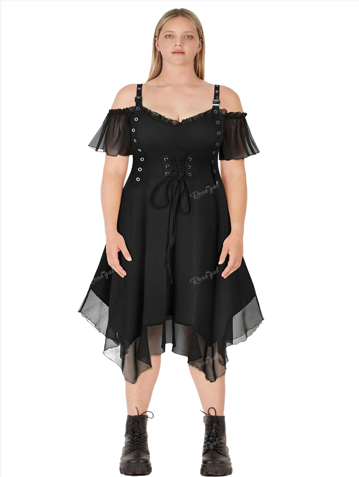 Top Trends: ROSEGAL Gothic Grommet Lace Up Dress Summer S-5XL Black High Waist Cold Shoulder Mesh Handkerchief A-Line Ruffles Dresses Shoppable Styles