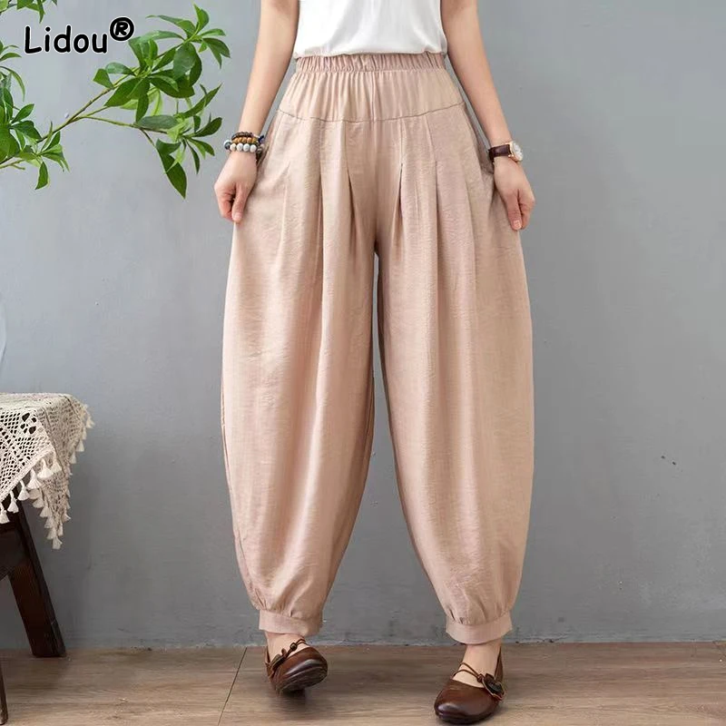 Top Trends: 2023 Summer Leisure Fashion Retro Art Ethnic Style High Waist Solid Color Loose Oversize Versatile Women&#039;s Hooded Lantern Pants Shoppable Styles