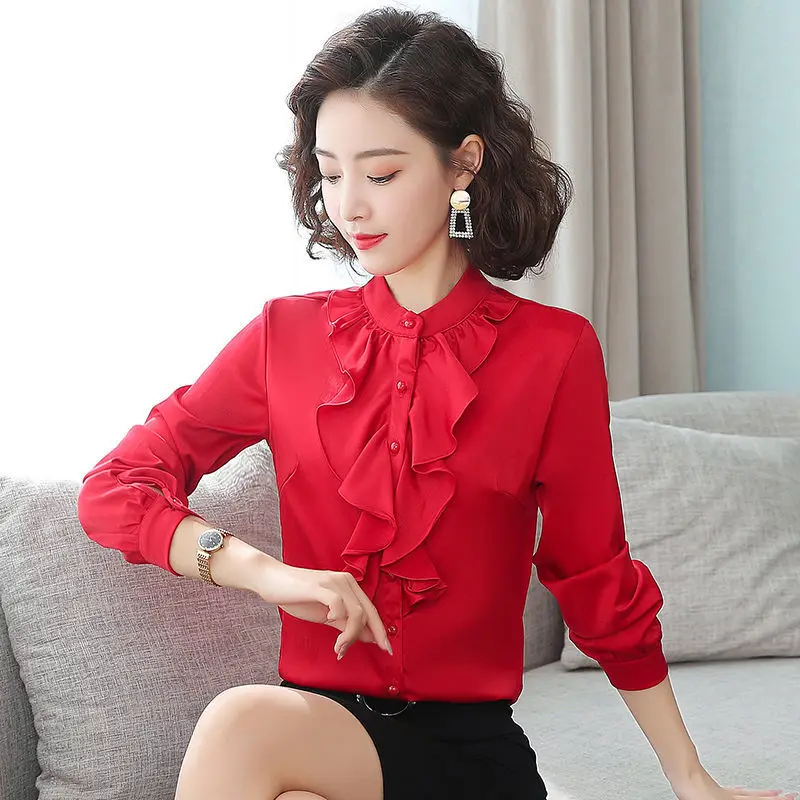 Top Trends: Korean Fashion Office Lady Chiffon Blouse Ruffles Long Sleeve Spring Autumn Loose Cardigan Solid White Women Elegant Shirt 2022 Shoppable Styles - Image 4