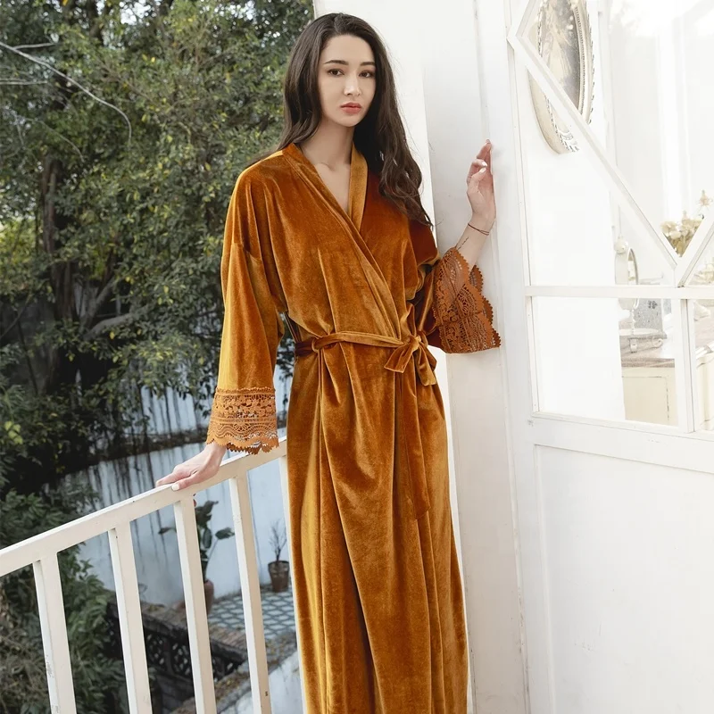 Top Trends: Bride Bridesmaid Robes Yellow Velvet Robe With Lace Robe For Women Party Wedding Home Wear Long Robes Shoppable Styles