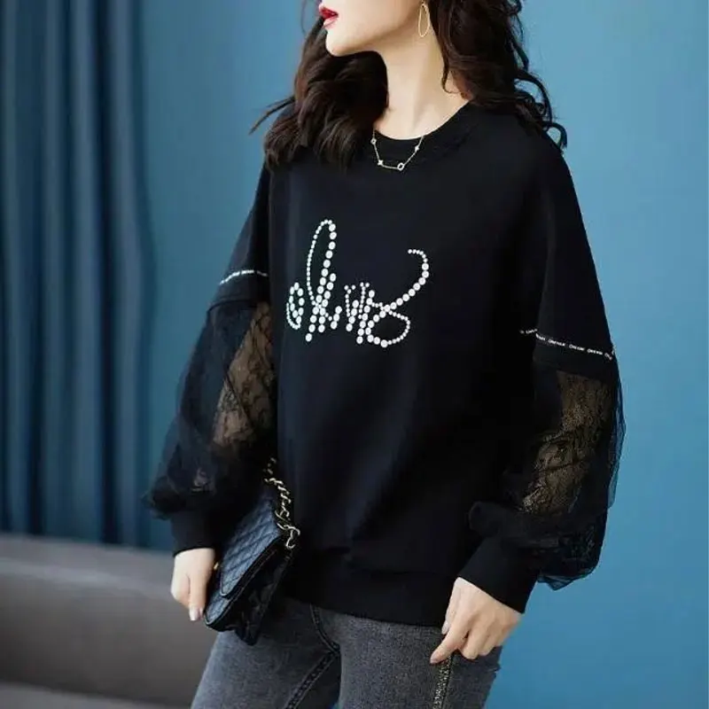 Top Trends: Fashion Lace Patchwork Pullovers Female Clothing Casual Round Neck Loose Spring Autumn Printed Korean Long Sleeve Sweatshirts Shoppable Styles