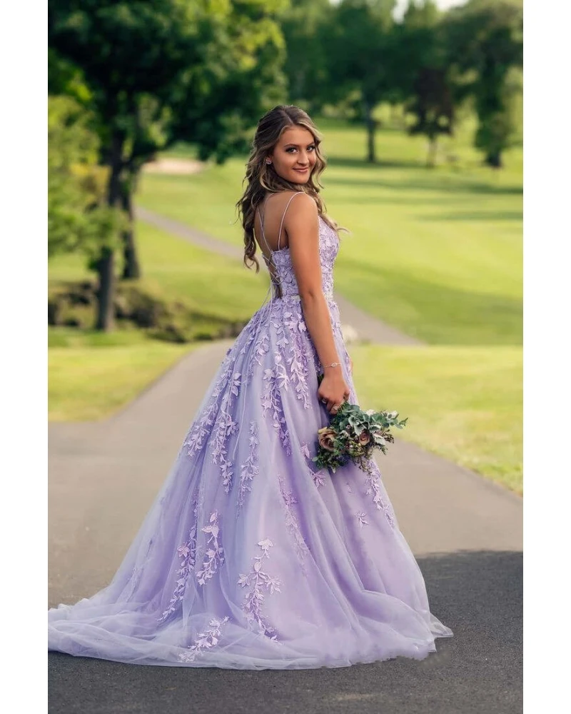 Top Trends: 2023 Lilac Lace Prom Dresses Spaghetti Straps Vestido De Fiesta Open Back A Line Women Prom Gowns Long Formal Evening Gowns Shoppable Styles