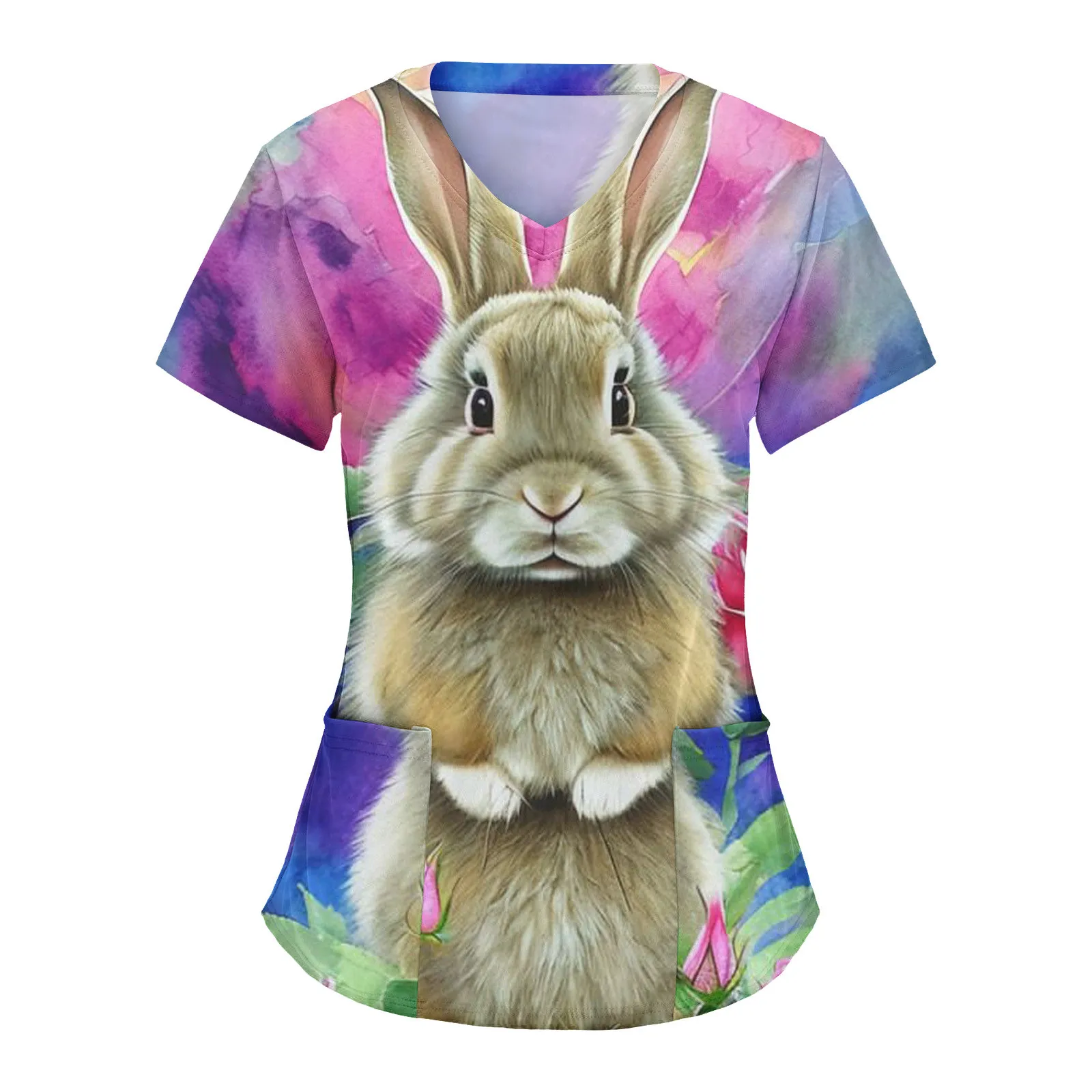 Top Trends: Easter Day Rabbit Print Nurse Uniform Scrubs Tops Women Short Sleeve V Neck Pocket Medical Nursing Workwear Pet Grooming Tees Shoppable Styles