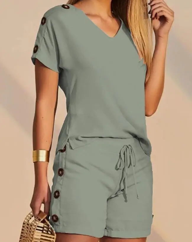 Top Trends: Summer Women&#039;s Suit Two Piece Set Fashion Buttoned V-Neck T-shirt &amp; Casual Drawstring Shorts Set Female Clothing Outfits New Shoppable Styles