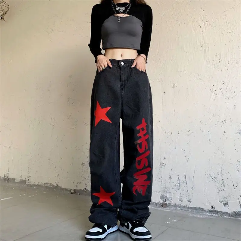 Top Trends: Hip Hop Streetwear Vintage Women Black Jeans Oversize High Street Fashion Pants Casual Stars Printing Wide Leg Straight Trousers Shoppable Styles