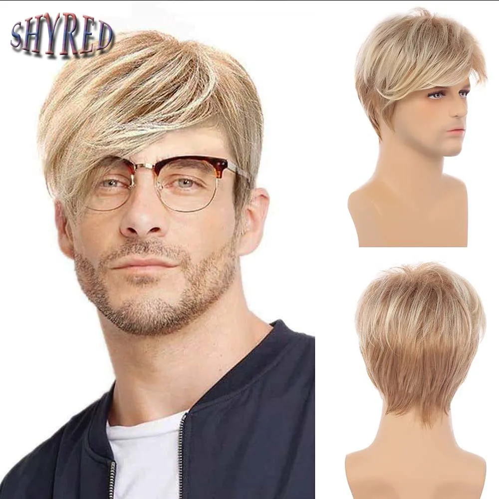 Top Trends: Synthetic Hair Male Short Curly Wig Heat Resistant Fiber With Bangs Brown Blonde Mixed Wigs For Man Shoppable Styles