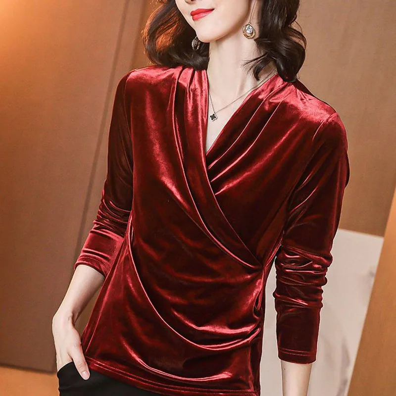 Top Trends: Elegant V-Neck Solid Color Folds Blouse Women&#039;s Clothing 2022 Autumn New Oversized Casual Pullovers Loose Office Lady Shirt Shoppable Styles