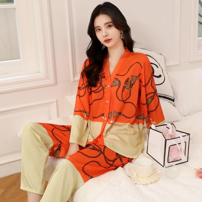 Top Trends: Lisacmvpnel Women's Spring New Pajama Set Ice Silk Thin Long Sleeve Suit Sleepwear 2023 New Large Size Printed Pyjamas Shoppable Styles