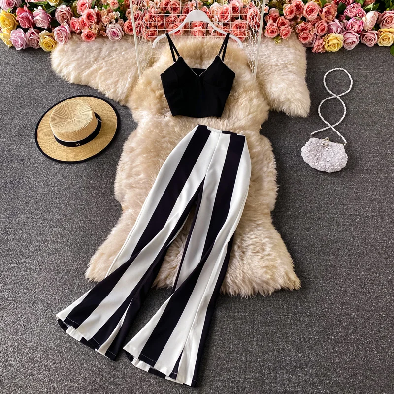 Top Trends: Summer Women 2 Pieces Outfits Spaghetti Strap Sexy Tank Tops Stripe Wide-Leg Pantsuit Female Fashion Vintage Trousers Suit Shoppable Styles