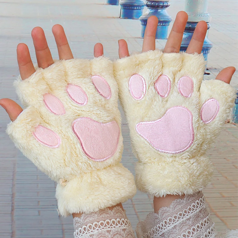 Top Trends: Fashion Girls Cartoon Cat Claw Paw Plush Mittens Winter Warm Soft Plush Short Fingerless Women Bear Cat Gloves Half Finger Gifts Shoppable Styles