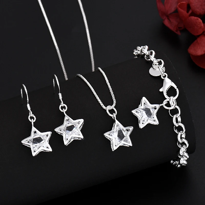 Top Trends: Popular Brands 925 Sterling Silver Pretty Crystal Star Necklace Earring Bracelet Jewelry Set Women Fashion Wedding Accessories Shoppable Styles