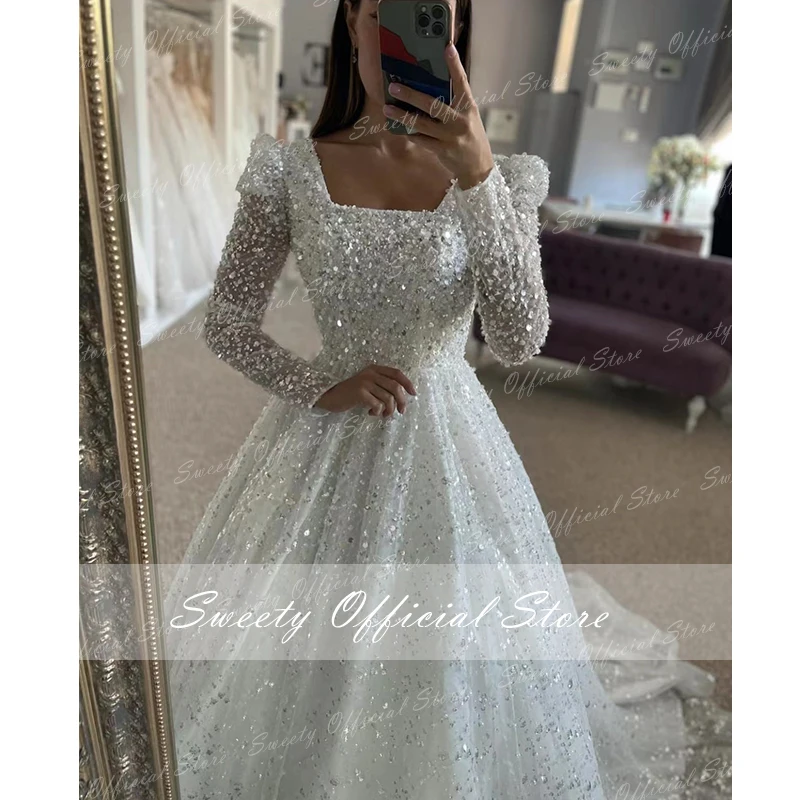 Top Trends: Luxurious Wedding Gowns With Beading Princess A-line Ball Gown Square Collar Full Sleeve Bride Dress Prom Dresses Robe De Marie Shoppable Styles - Image 2