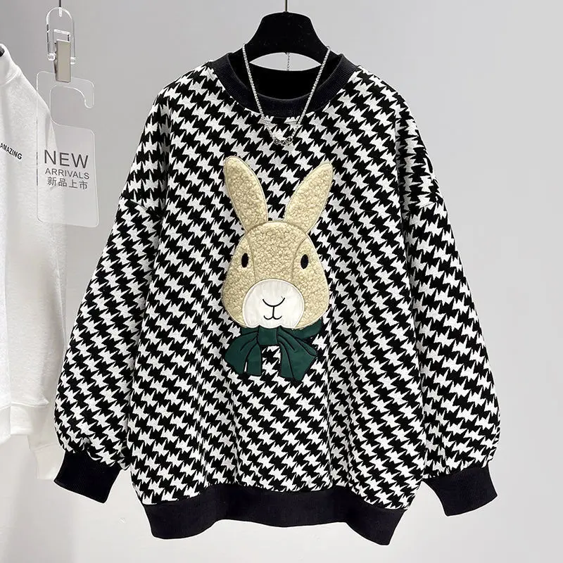 Top Trends: Autumn Pullover Womne Cartoon Rabbit Embroidery Luxury Designer Oversized Top Chessboard Plaid Thickened Winter Sweater Female C Shoppable Styles