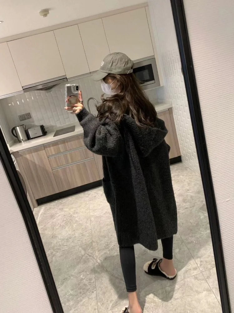 Top Trends: Korean Fashion Women Sweaters 2023 Autumn Winter Solid Hooded Long Knitted Cardigan Casual Coat For Women Clothing Knitwears Top Shoppable Styles - Image 6