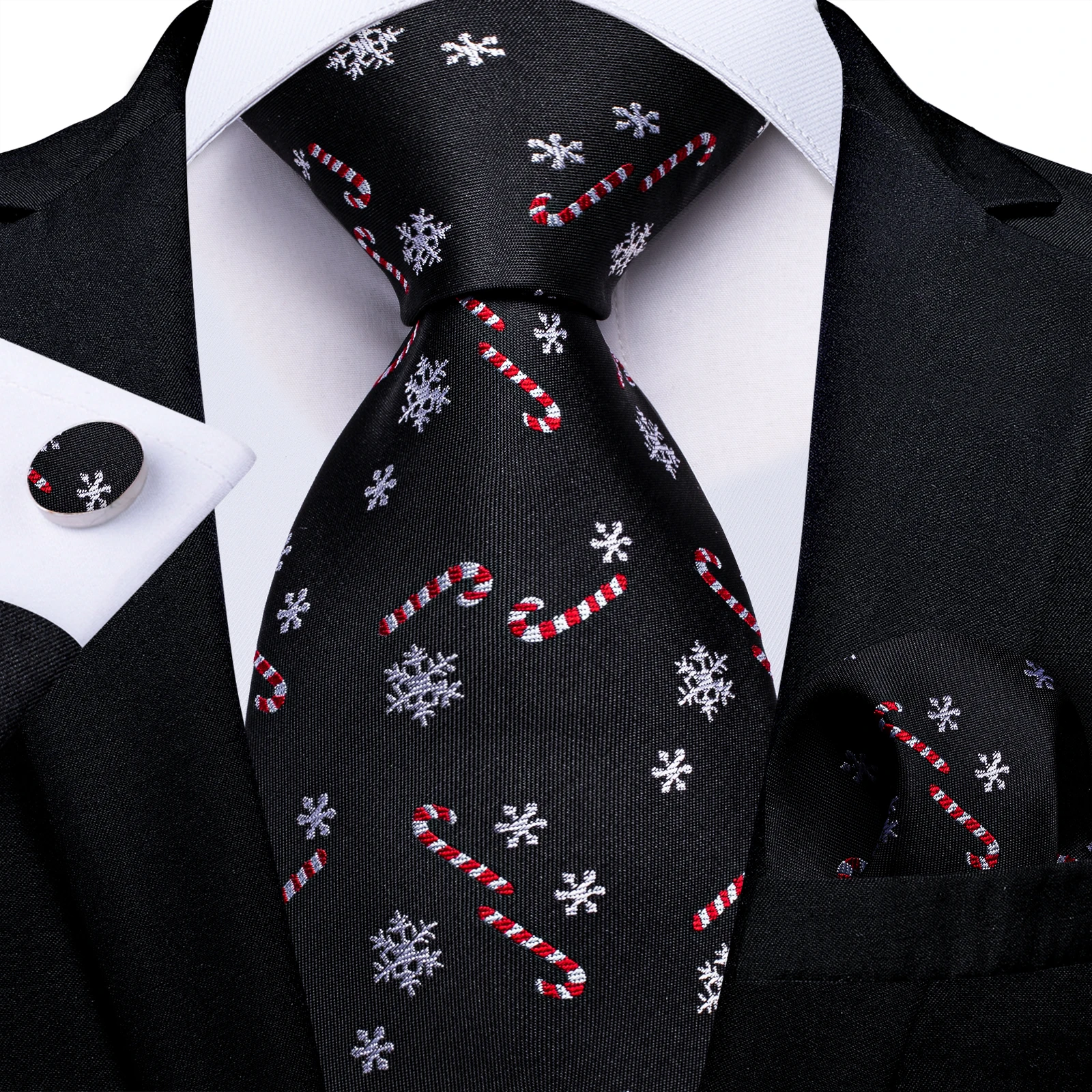 Top Trends: Black Christmas Ties For Men Silver Snowflake Candy Cane Embroidery Necktie Party Accessories Gift Handkerchief Cufflinks Shoppable Styles