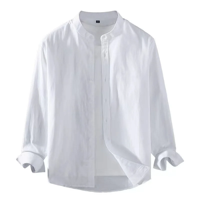 Top Trends: White Linen Long Sleeve Shirt 2023 Stand Collar Long Sleeve Henry Shirt Soft And Comfortable Summer Men&#039;s Shirt Solid Color 3XL Shoppable Styles