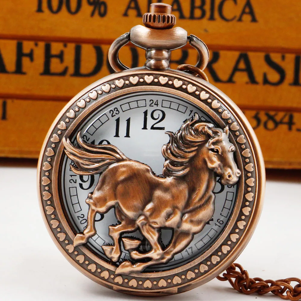 Top Trends: Retro Red Brown Horse Cool Handsome Hollow Quartz Pocket Watch Collection Personalised Pendant Necklace Male Gift Shoppable Styles