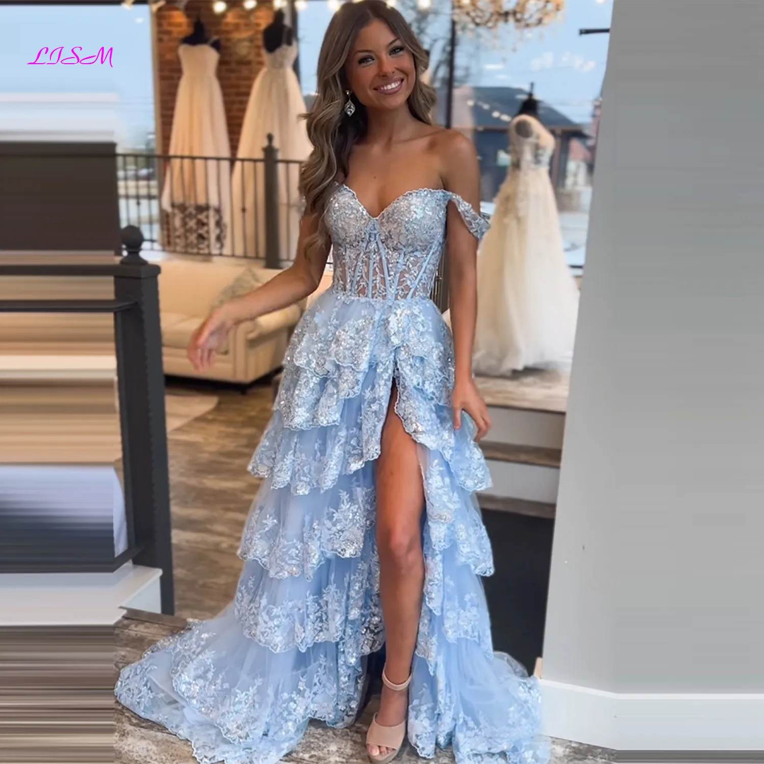 Top Trends: Light Blue Lace Tiered Long Prom Dress With Slit Sweetheart Sleeveless Tulle Evening Dresses Sparkling A-Line Formal Party Gowns Shoppable Styles