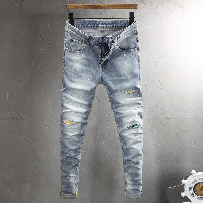 Top Trends: High Street Fashion Men Jeans Retro Light Blue Stretch Skinny Fit Ripped Jeans Men Patched Designer Vintage Denim Pants Hombre Shoppable Styles