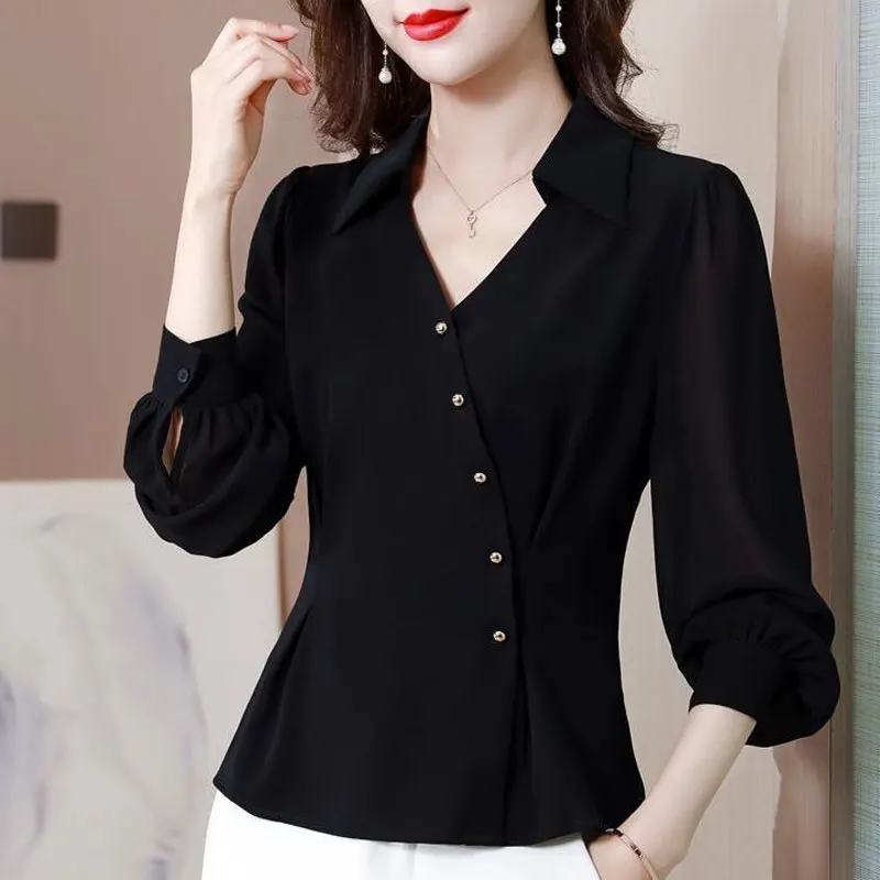 Top Trends: Office Lady Solid Color Waist Folds Blouse Fashion Asymmetrical Button Spring Autumn New Long Sleeve Female Elegant V-Neck Shirt Shoppable Styles