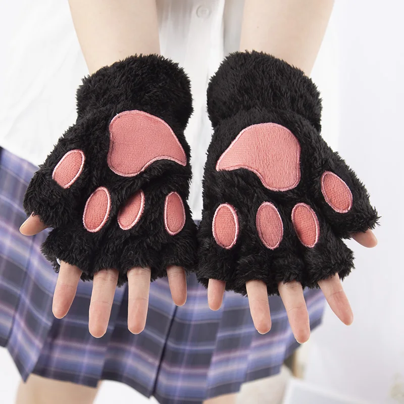 Top Trends: Girls Cute Cat Claw Paw Plush Mittens Warm Soft Plush Short Fingerless Women Lovely Leisure Bear Cat Gloves Half Finger Gifts Shoppable Styles